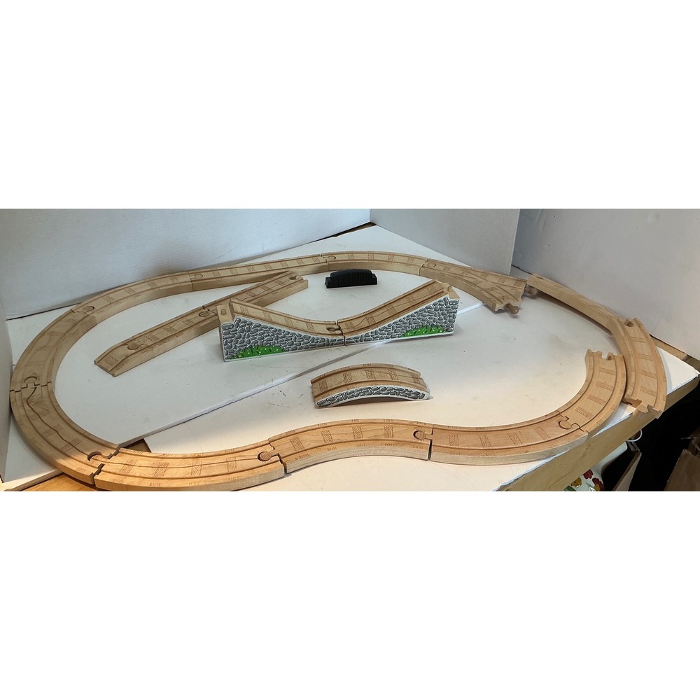 Unbranded Wooden Train Track Expansion 17 pieces Stone Bridge Ramps Curves Set